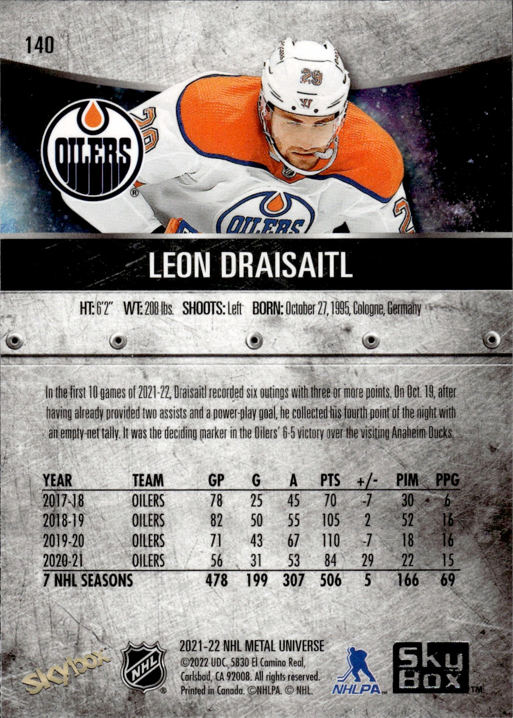 2021-22 Upper Deck Skybox Metal Universe Hockey Alt Jersey #140 Leon Draisaitl - Edmonton Oilers