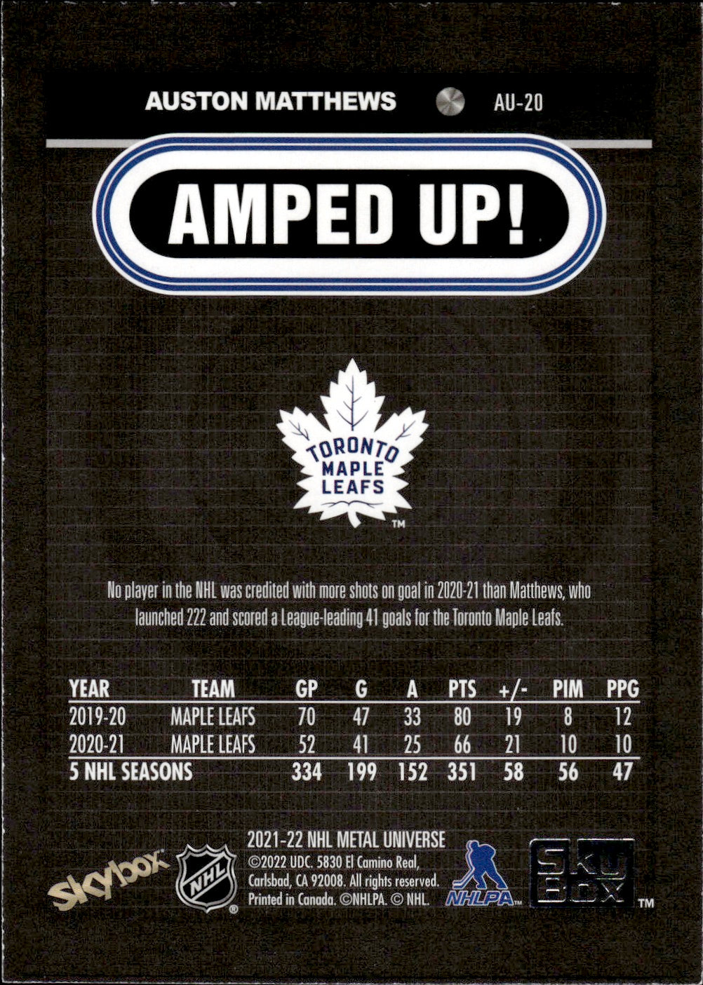 2021-22 Upper Deck Skybox Metal Universe Hockey Amped Up #AU-20 Auston Matthews - Toronto Maple Leafs