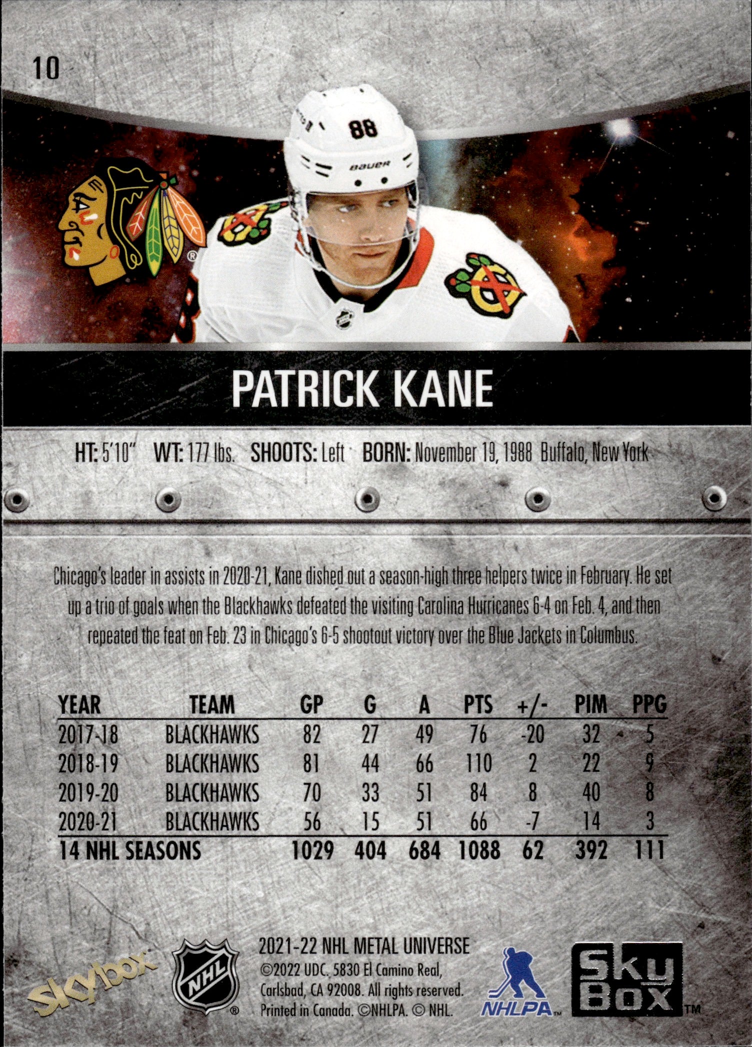 2021-22 Upper Deck Skybox Metal Universe Hockey Base #10 Patrick Kane - Chicago Blackhawks