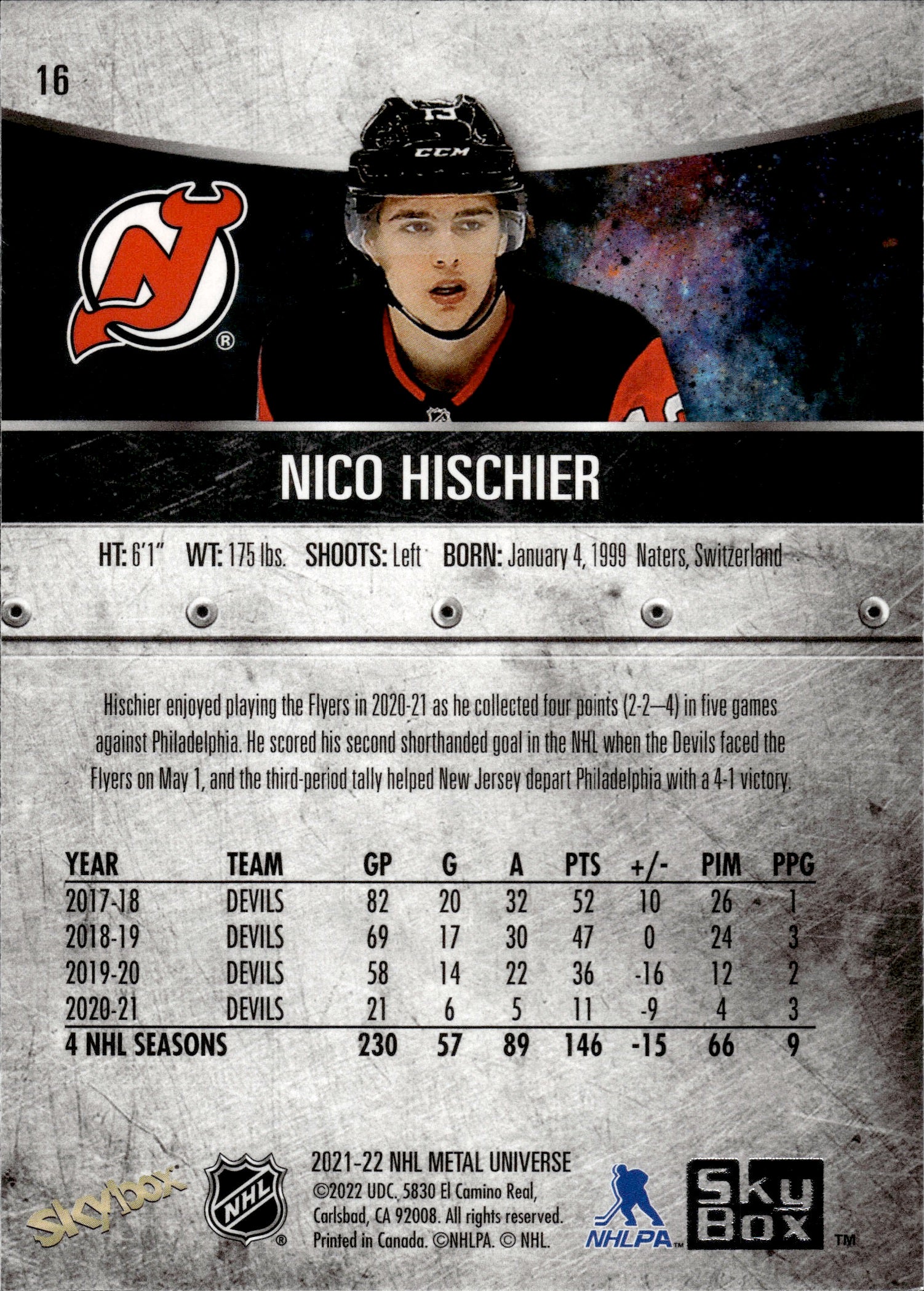 2021-22 Upper Deck Skybox Metal Universe Hockey Base #16 Nico Hischier - New Jersey Devils