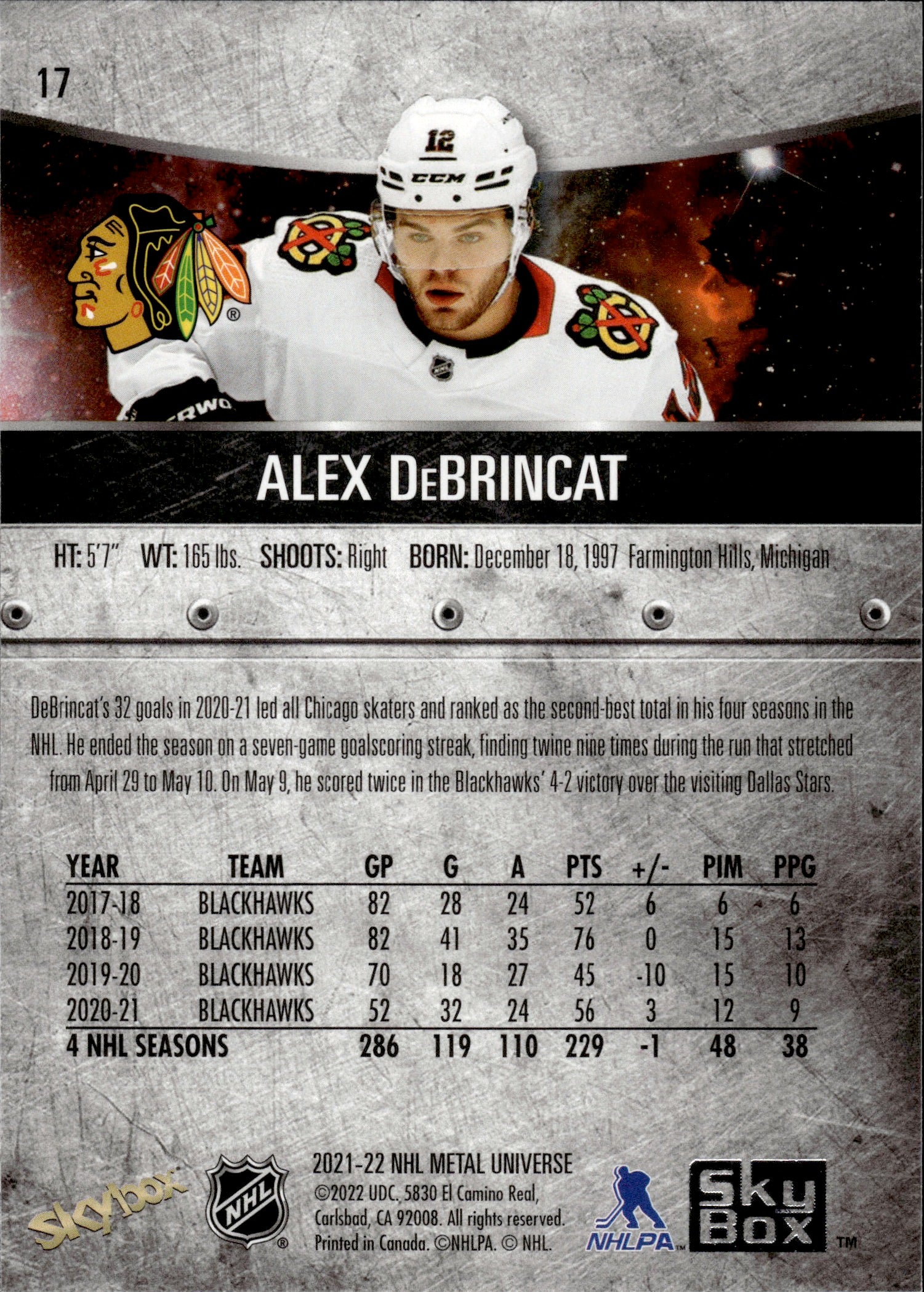 2021-22 Upper Deck Skybox Metal Universe Hockey Base #17 Alex DeBrincat - Chicago Blackhawks - Back