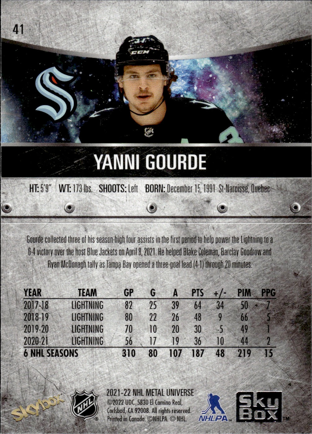 2021-22 Upper Deck Skybox Metal Universe Hockey Base #	41 Yanni Gourde - Seattle Kraken