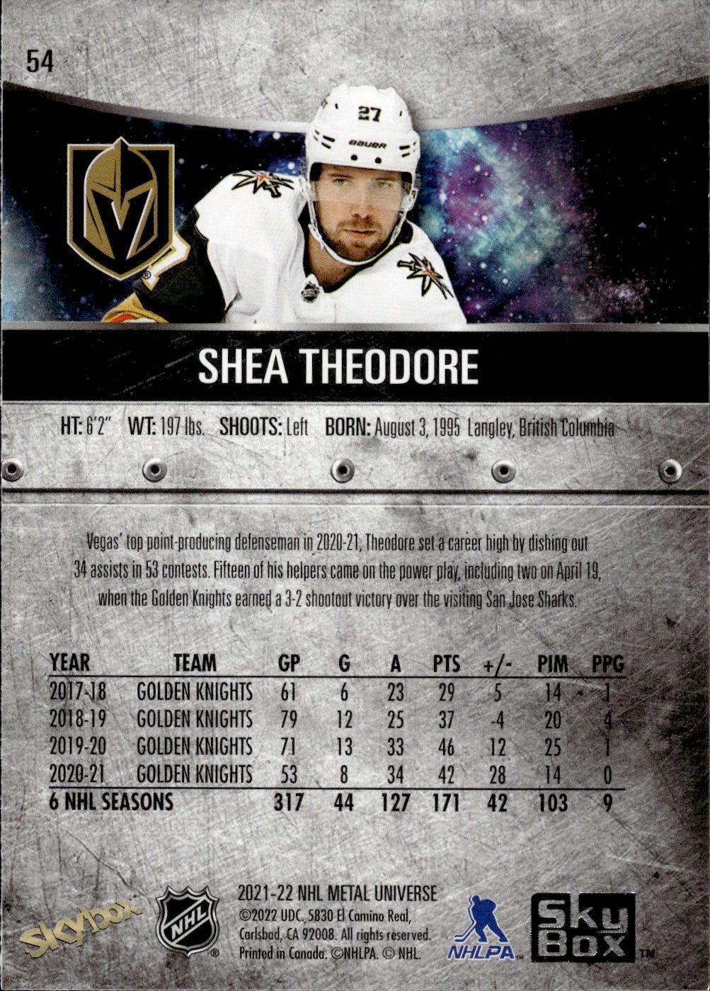 2021-22 Upper Deck Skybox Metal Universe Hockey Base #54 Shea Theodore - Vegas Golden Knights