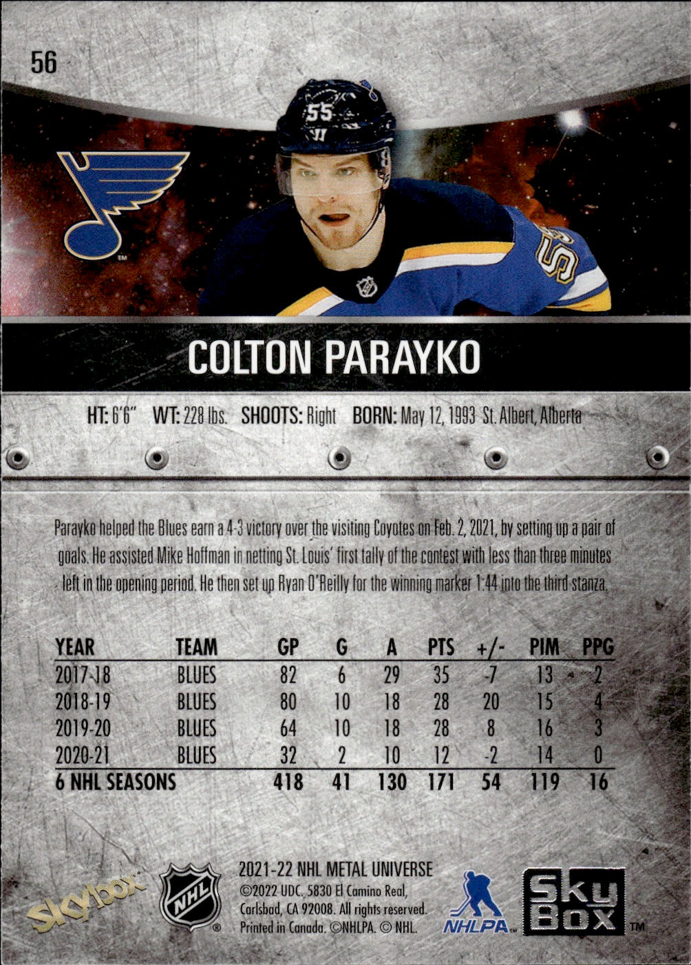 2021-22 Upper Deck Skybox Metal Universe Hockey Base #56 Colton Parayko - St. Louis Blues