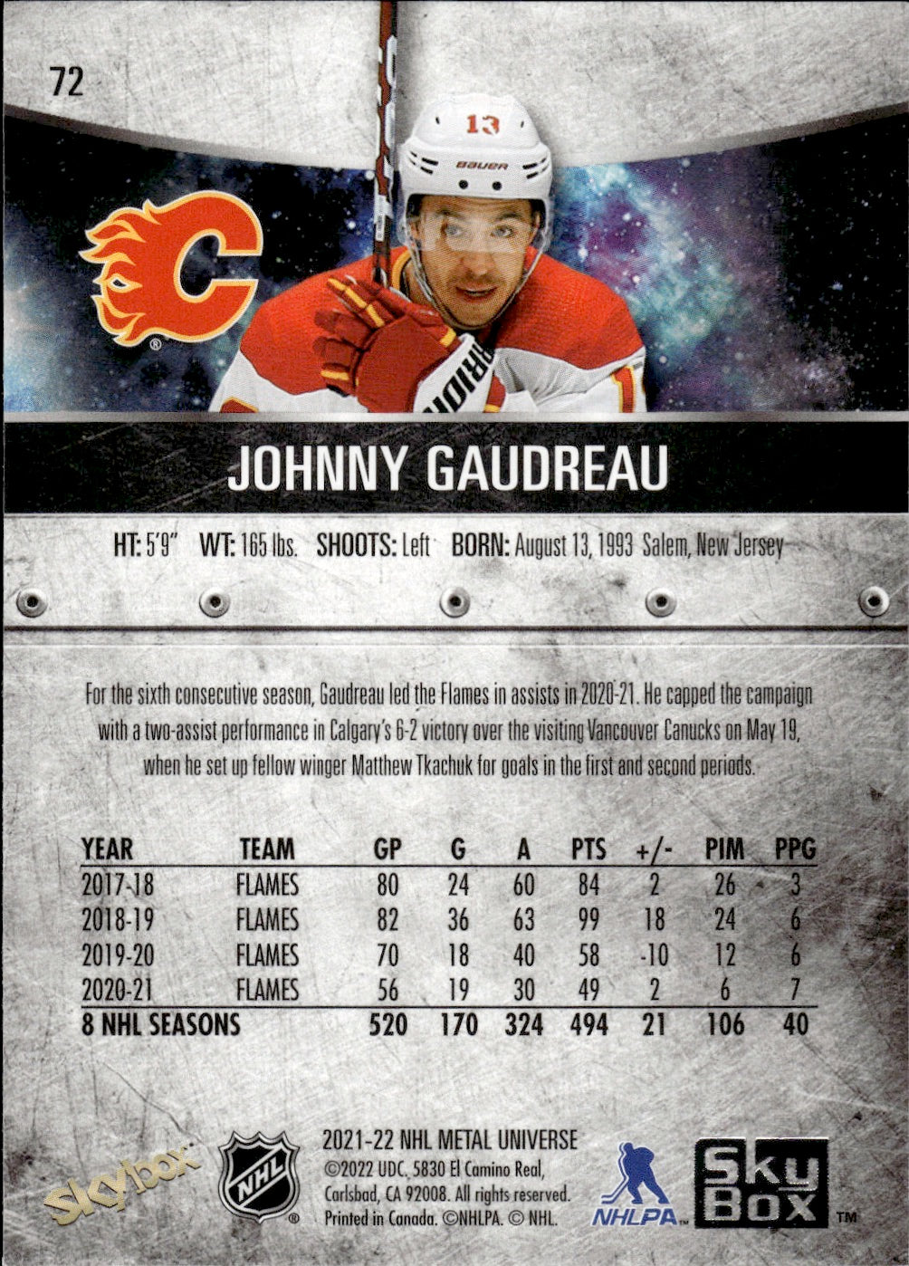 2021-22 Upper Deck Skybox Metal Universe Hockey Base #72 Johnny Gaudreau - Calgary Flames