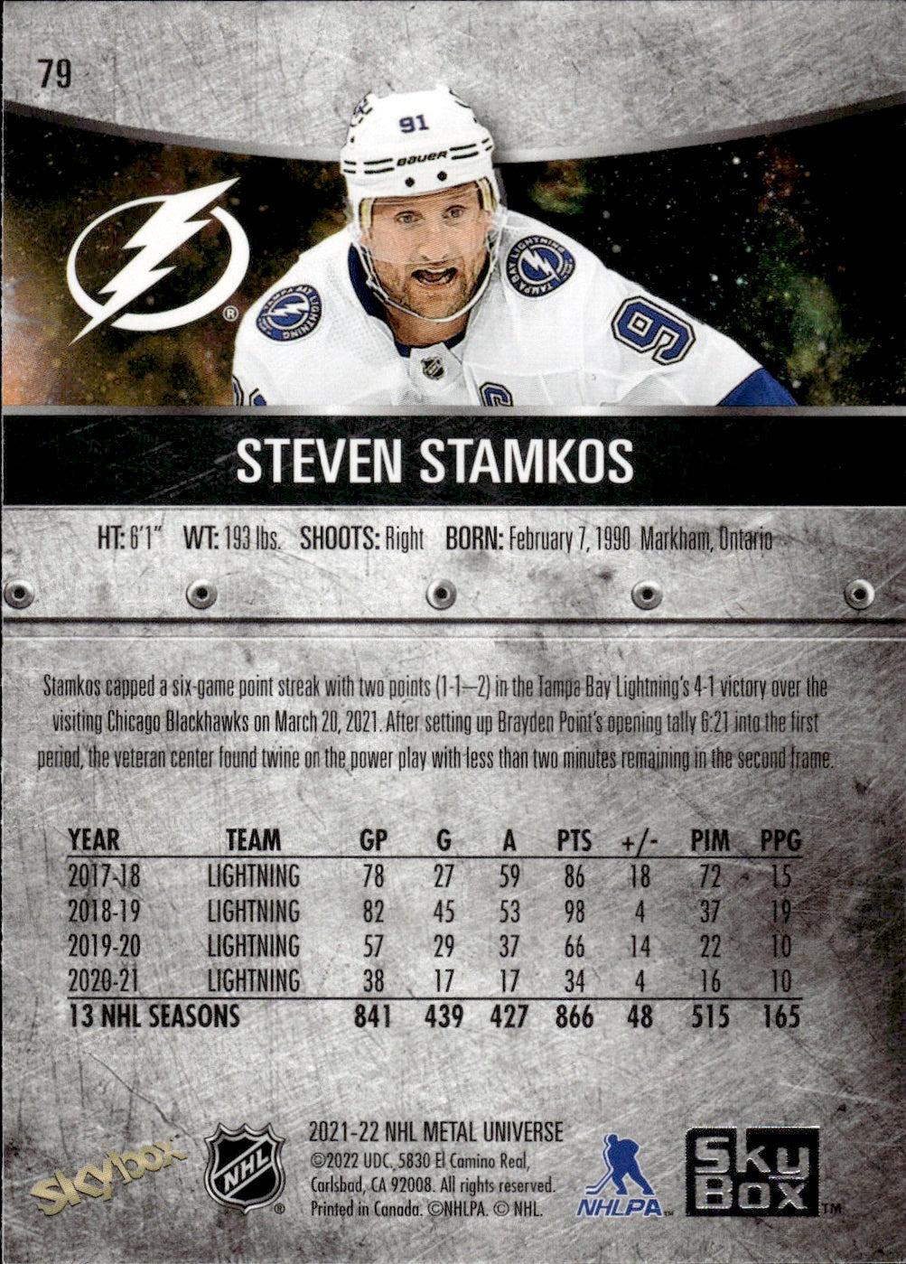 2021-22 Upper Deck Skybox Metal Universe Hockey Base #79 Steven Stamkos - Tampa Bay Lightning