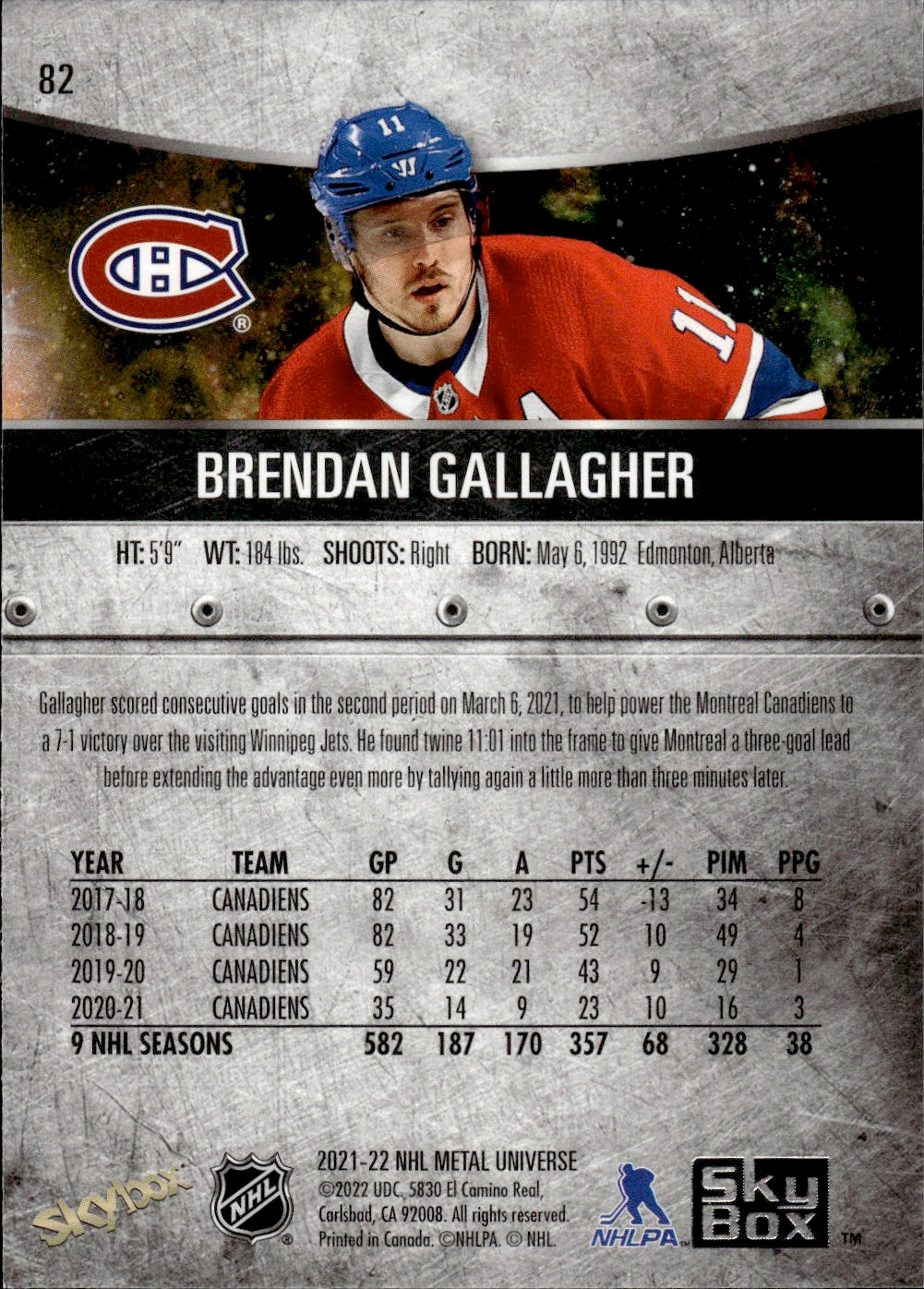 2021-22 Upper Deck Skybox Metal Universe Hockey Base #82 Brendan Gallagher - Montreal Canadiens