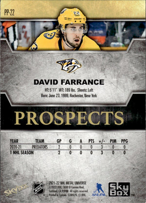 2021-22 Upper Deck Skybox Metal Universe Hockey Premium Prospects #PP-22 David Farrance - Nashville Predators