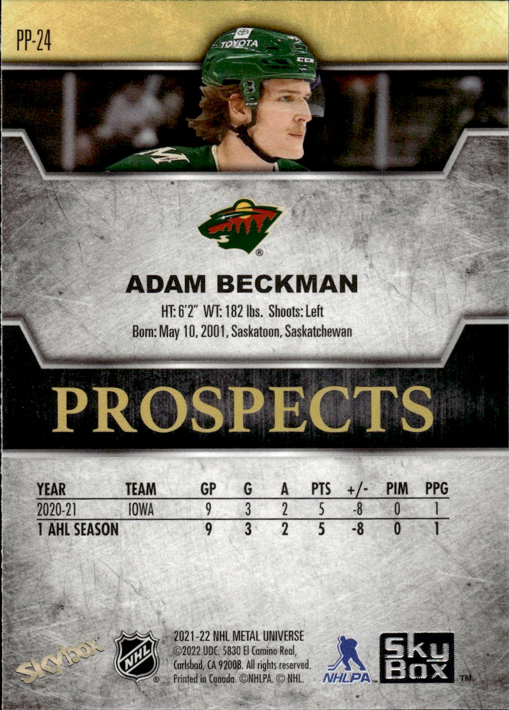 2021-22 Upper Deck Skybox Metal Universe Hockey Premium Prospects #PP-24 Adam Beckman - Minnesota Wild