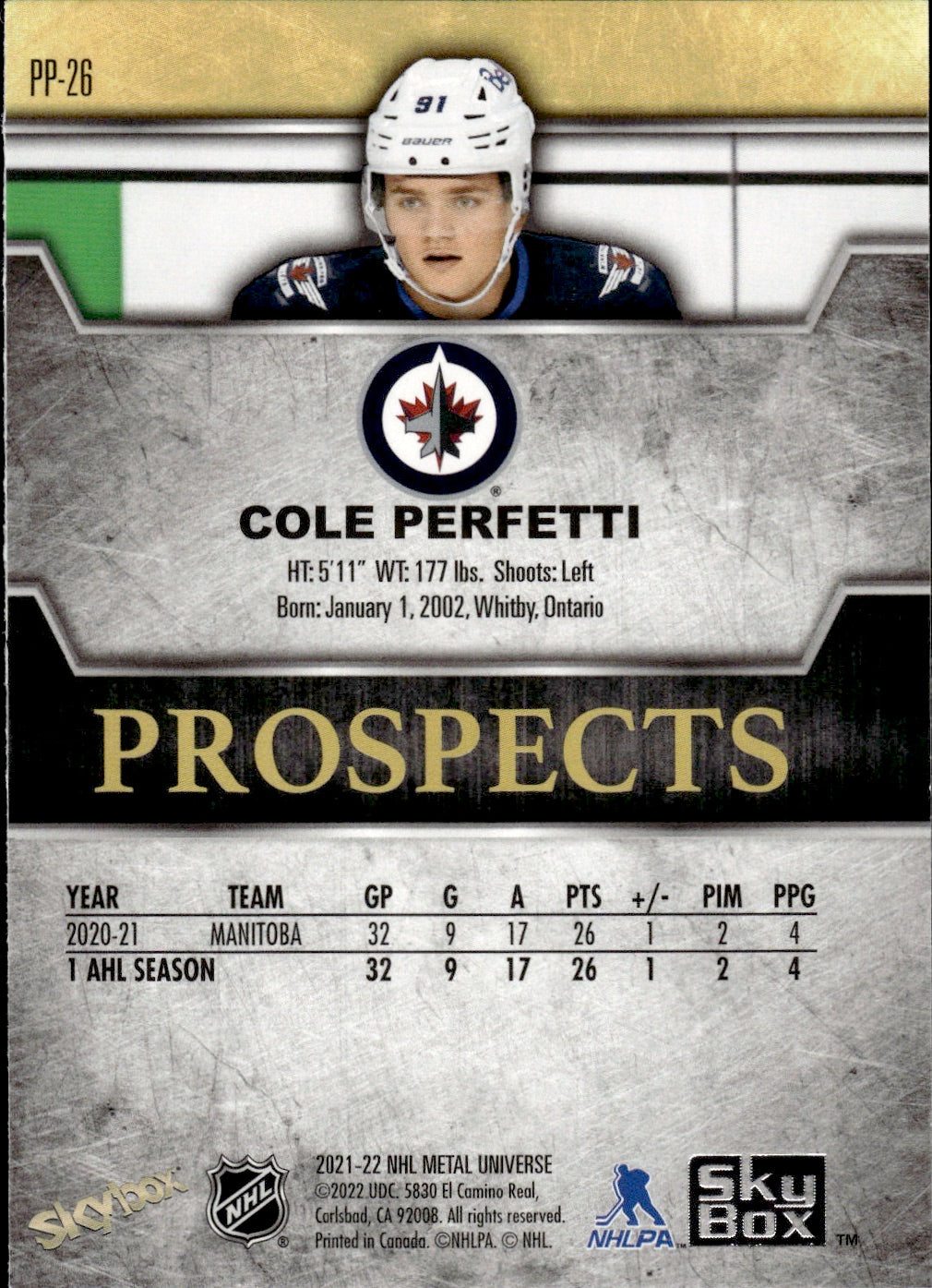 2021-22 Upper Deck Skybox Metal Universe Hockey Premium Prospects #PP-26 Cole Perfetti - Winnipeg Jets