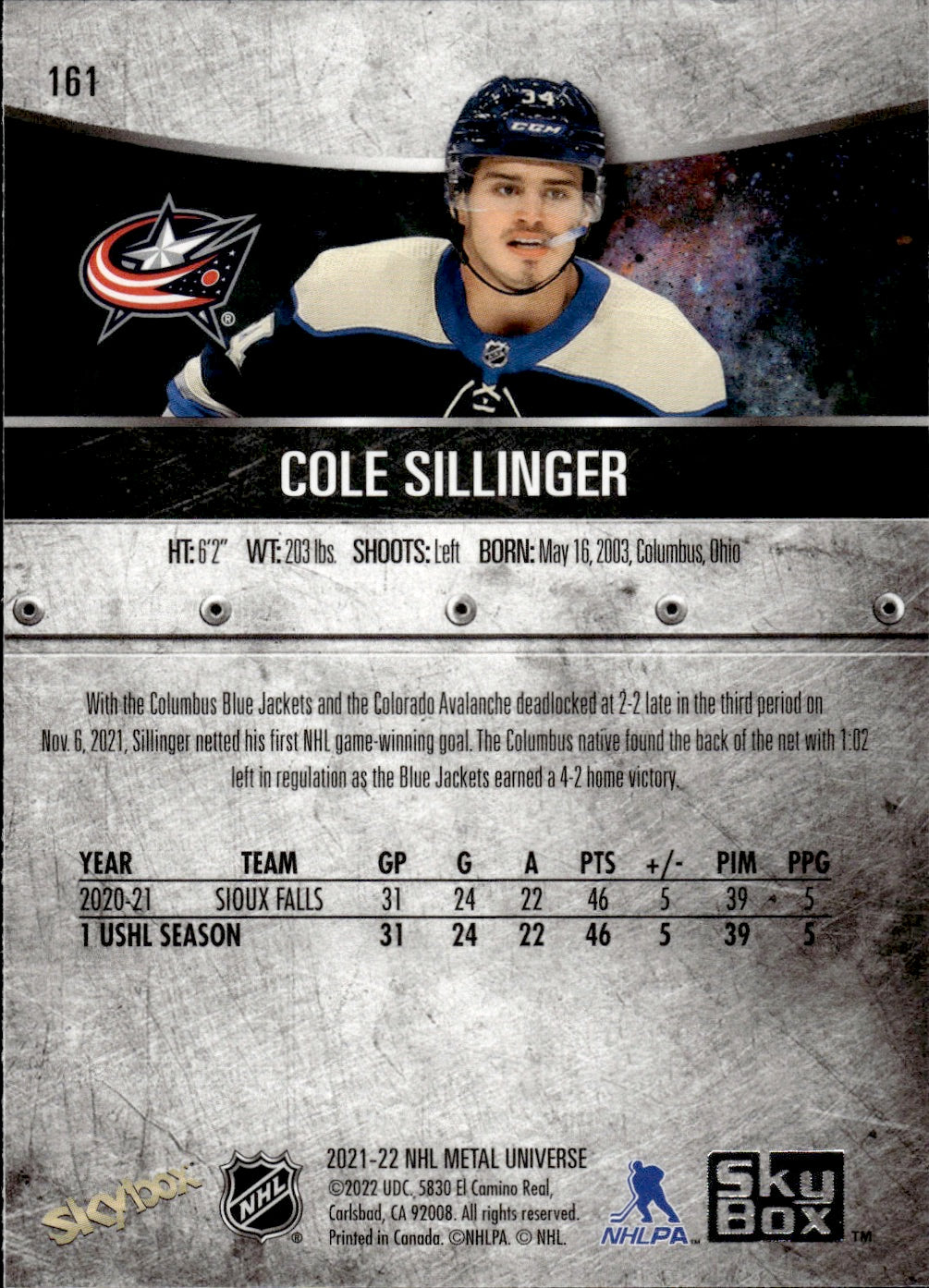 2021-22 Upper Deck Skybox Metal Universe Hockey Rookies #161 Cole Sillinger - Columbus Blue Jackets