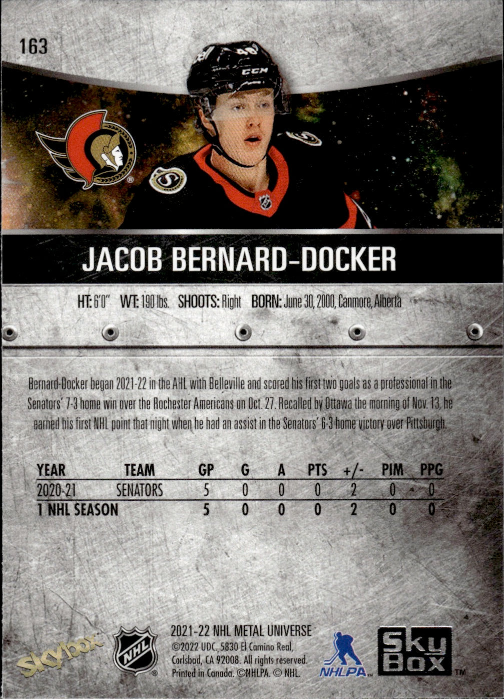 2021-22 Upper Deck Skybox Metal Universe Hockey Rookies #163 Jacob Bernard-Docker - Ottawa Senators