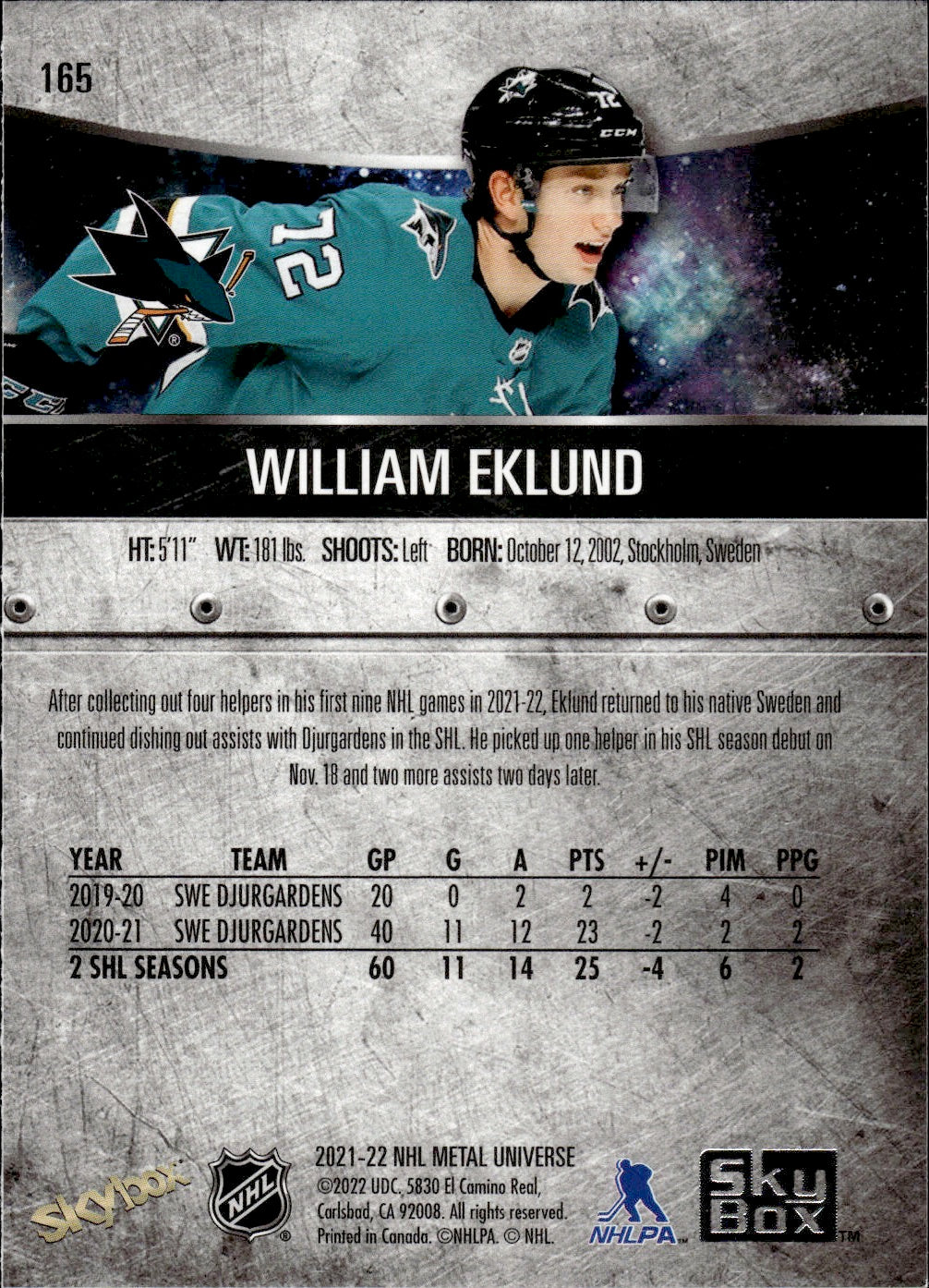 2021-22 Upper Deck Skybox Metal Universe Hockey Rookies #165 William Eklund - San Jose Sharks