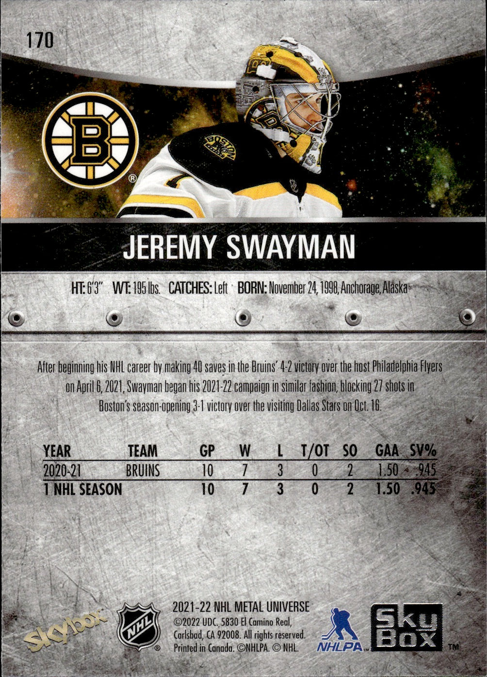 2021-22 Upper Deck Skybox Metal Universe Hockey Rookies #170 Jeremy Swayman - Boston Bruins