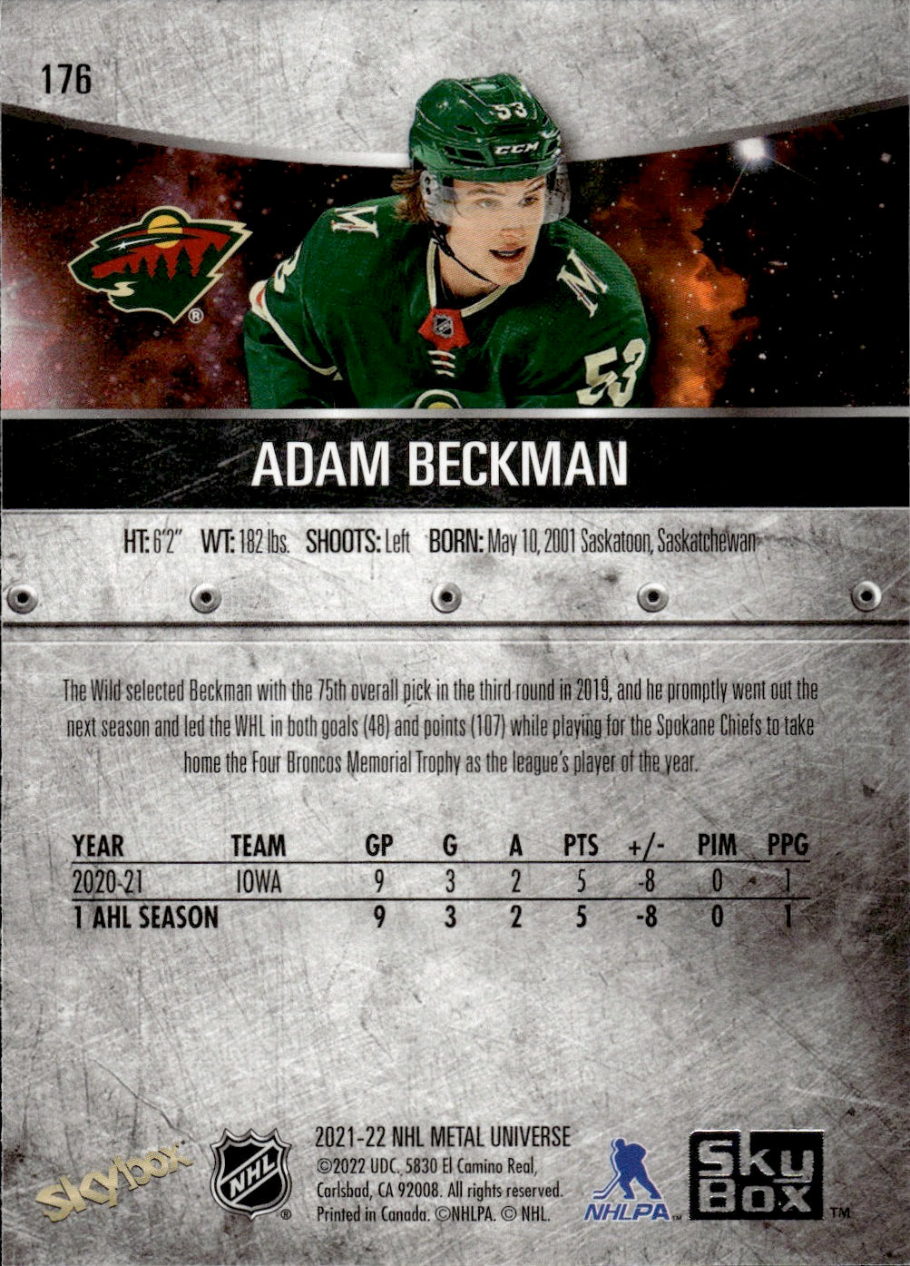 2021-22 Upper Deck Skybox Metal Universe Hockey Rookies #176 Adam Beckman - Minnesota Wild