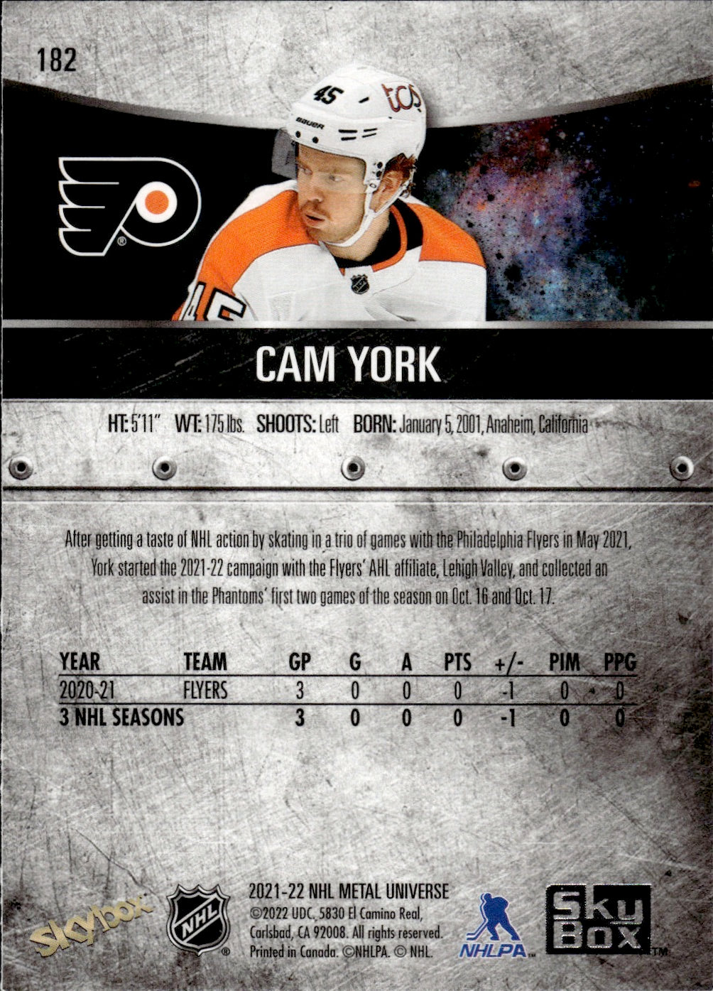 2021-22 Upper Deck Skybox Metal Universe Hockey Rookies #182 Cam York - Philadelphia Flyers