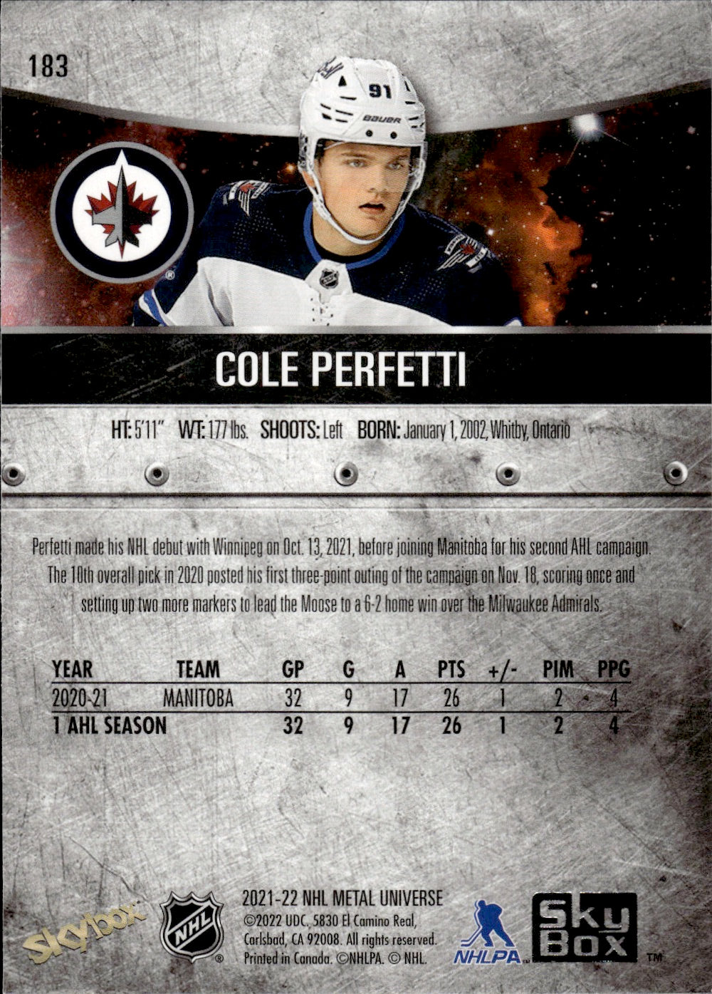 2021-22 Upper Deck Skybox Metal Universe Hockey Rookies #183 Cole Perfetti - Winnipeg Jets