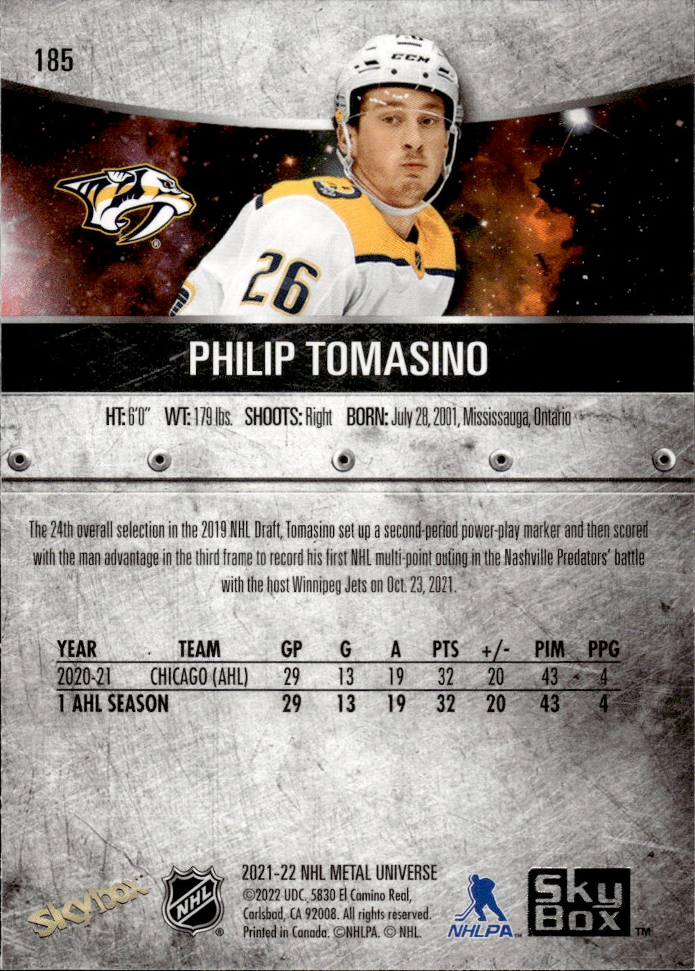 2021-22 Upper Deck Skybox Metal Universe Hockey Rookies #185 Philip Tomasino - Nashville Predators