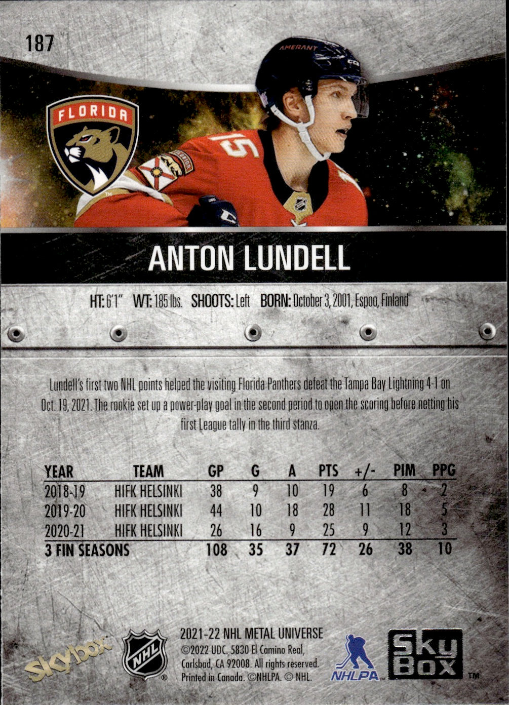 2021-22 Upper Deck Skybox Metal Universe Hockey Rookies #187 Anton Lundell - Florida Panthers