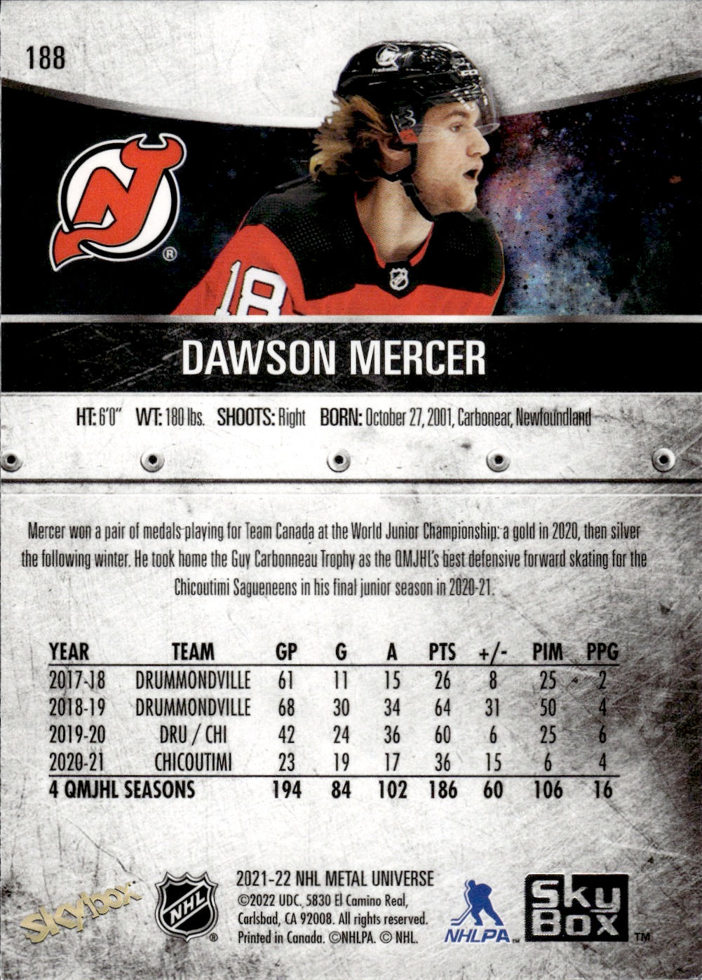 2021-22 Upper Deck Skybox Metal Universe Hockey Rookies #188 Dawson Mercer - New Jersey Devils