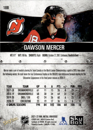 2021-22 Upper Deck Skybox Metal Universe Hockey Rookies #188 Dawson Mercer - New Jersey Devils