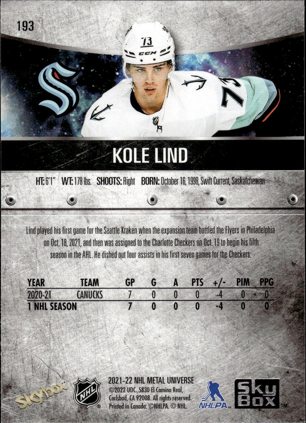 2021-22 Upper Deck Skybox Metal Universe Hockey Rookies #193 Kole Lind - Seattle Kraken