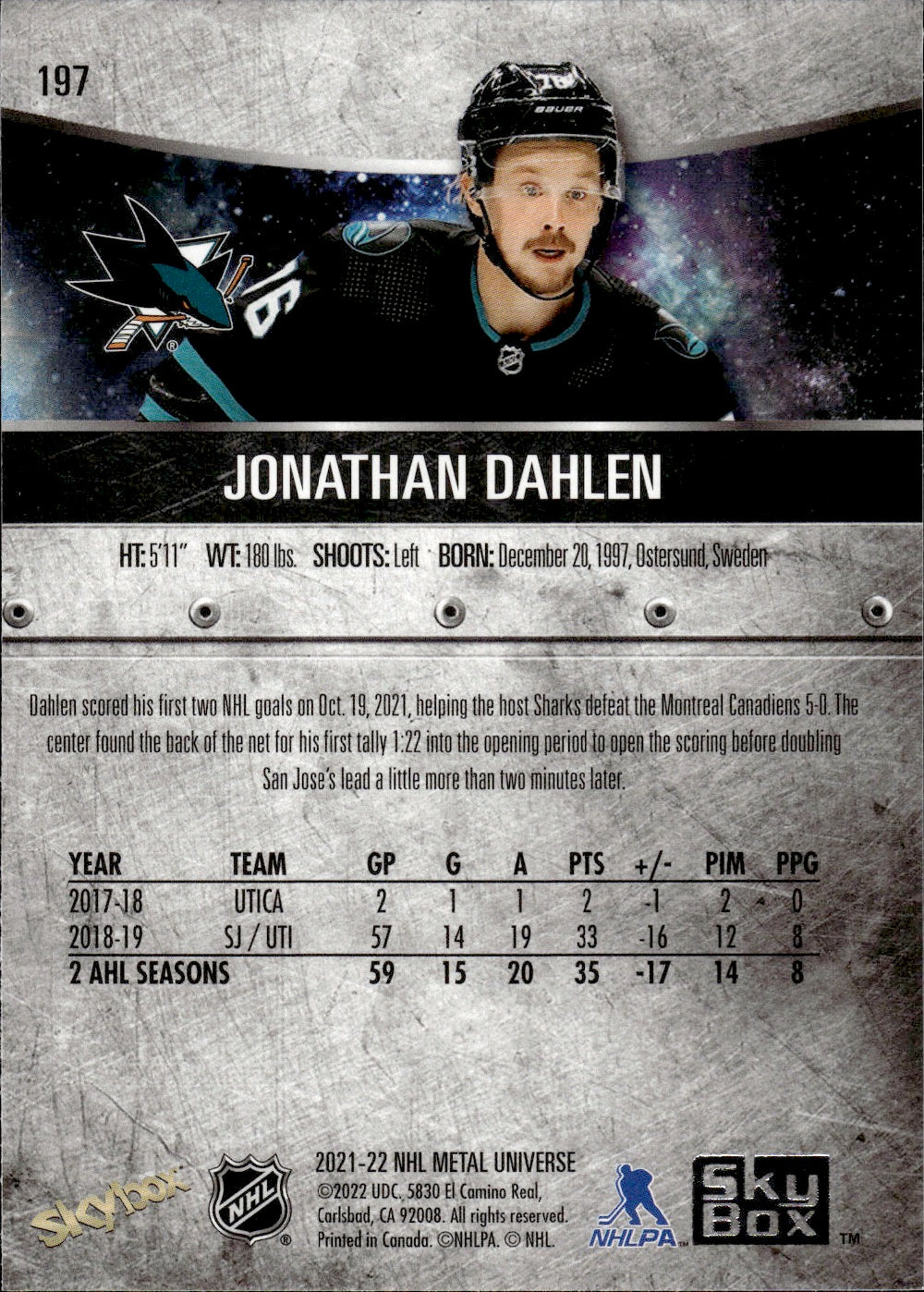 2021-22 Upper Deck Skybox Metal Universe Hockey Rookies #197 Jonathan Dahlen - San Jose Sharks