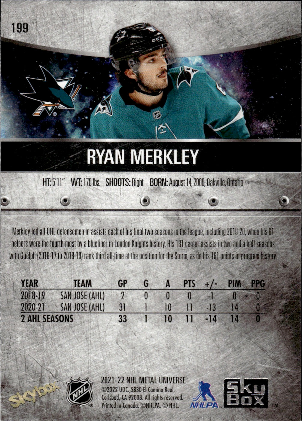 2021-22 Upper Deck Skybox Metal Universe Hockey Rookies #199 Ryan Merkley - San Jose Sharks