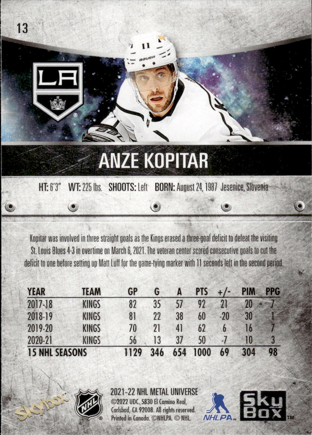 2021-22 Upper Deck Skybox Metal Universe #13 Anze Kopitar - Los Angeles Kings