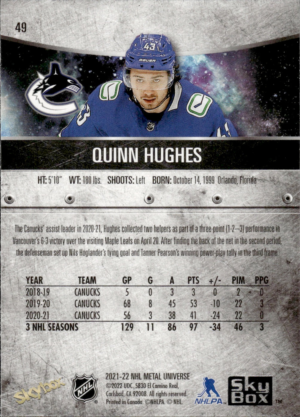 2021-22 Upper Deck Skybox Metal Universe #49 Quinn Hughes - Vancouver Canucks