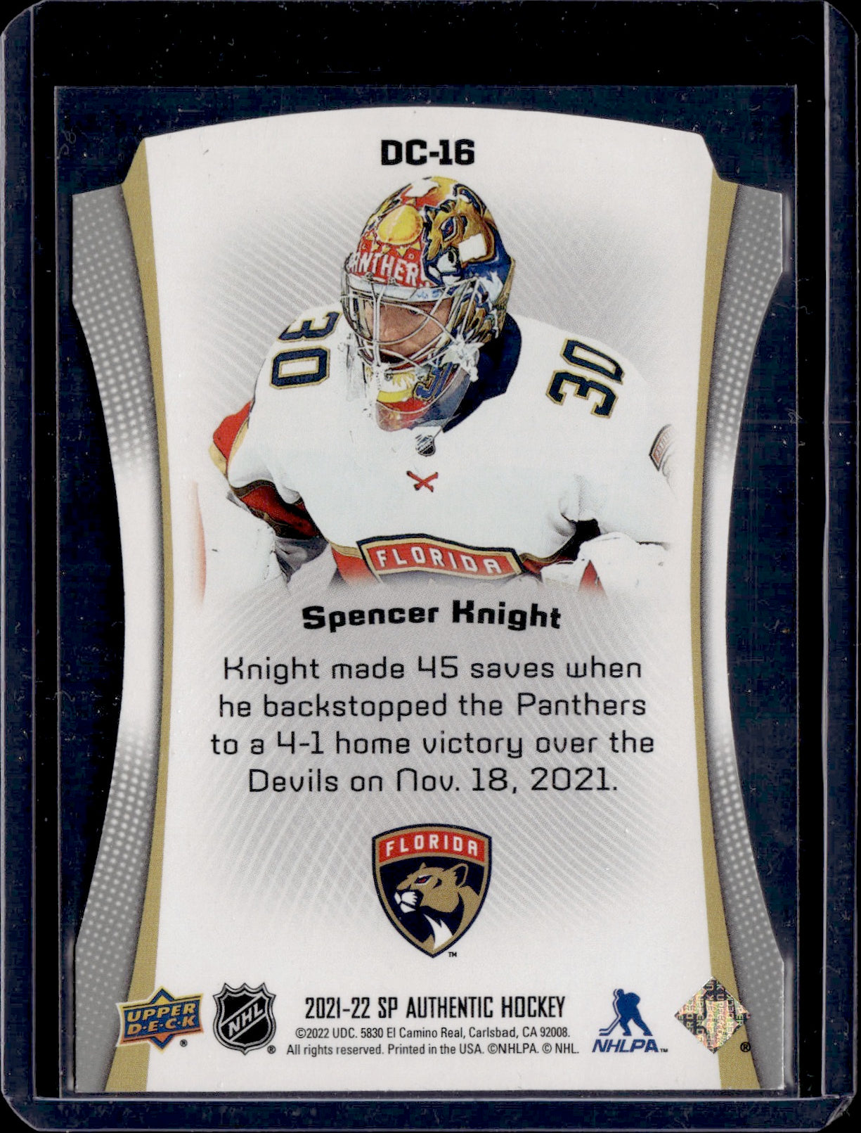 2021-22 Upper Deck Sp Authentic Hockey - Die Cut #DC-16 Spencer Knight - Florida Panthers