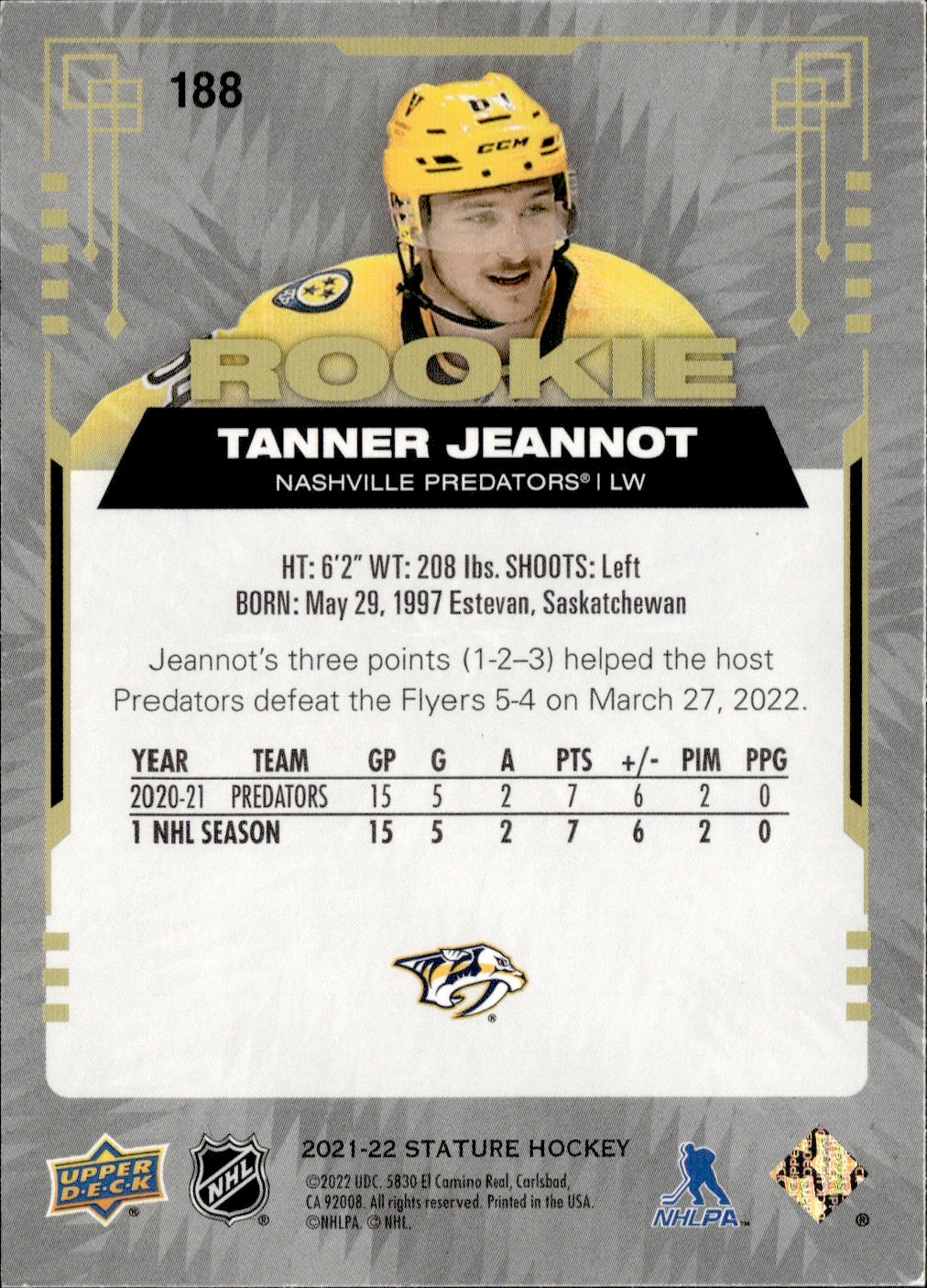 2021-22 Upper Deck Stature - Base - Green - Rookie /149 #188 Tanner Jeannot - Nashville Predators