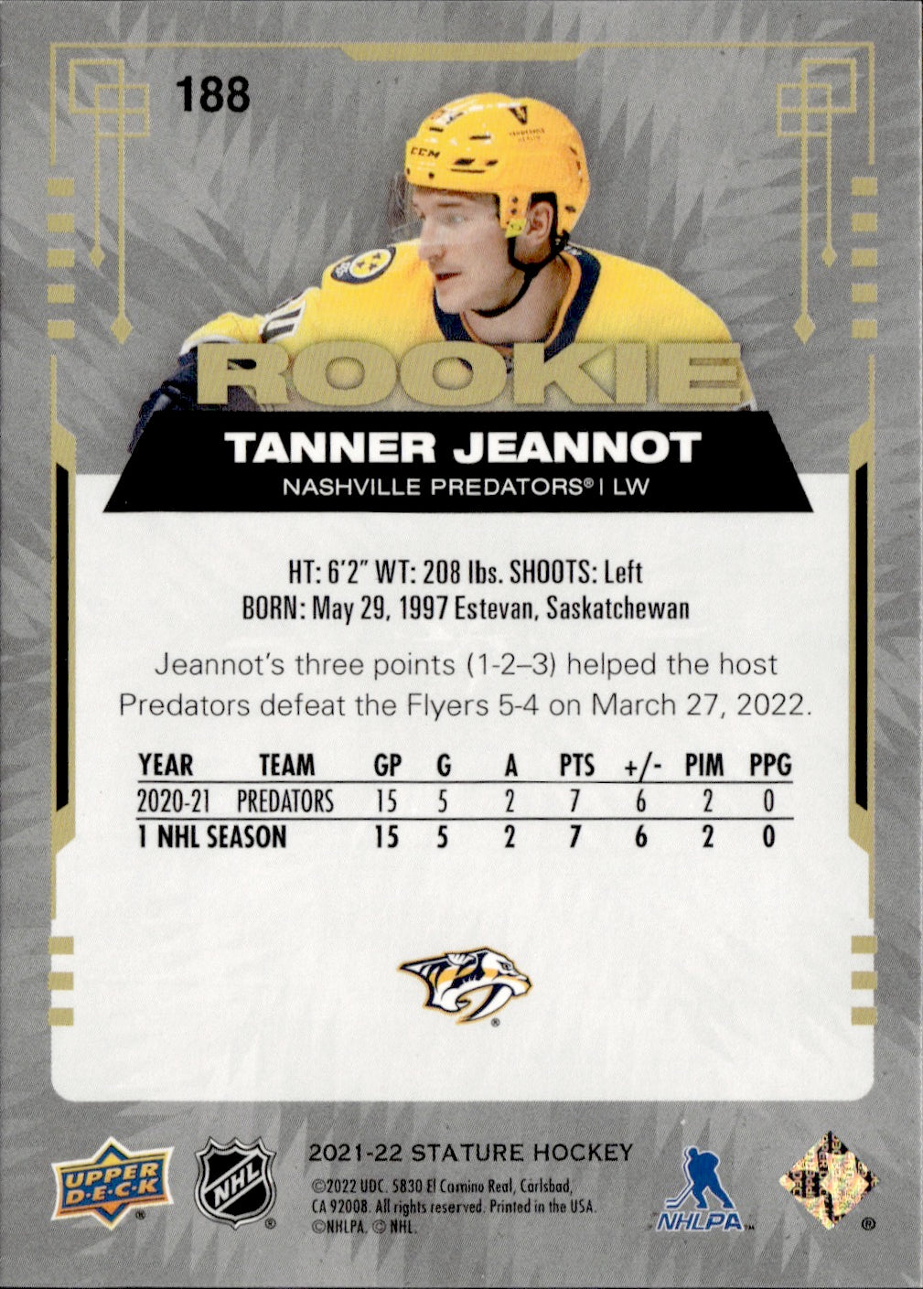 2021-22 Upper Deck Stature - Base - Green Photo Design /66 #188 Tanner Jeannot - Nashville Predators