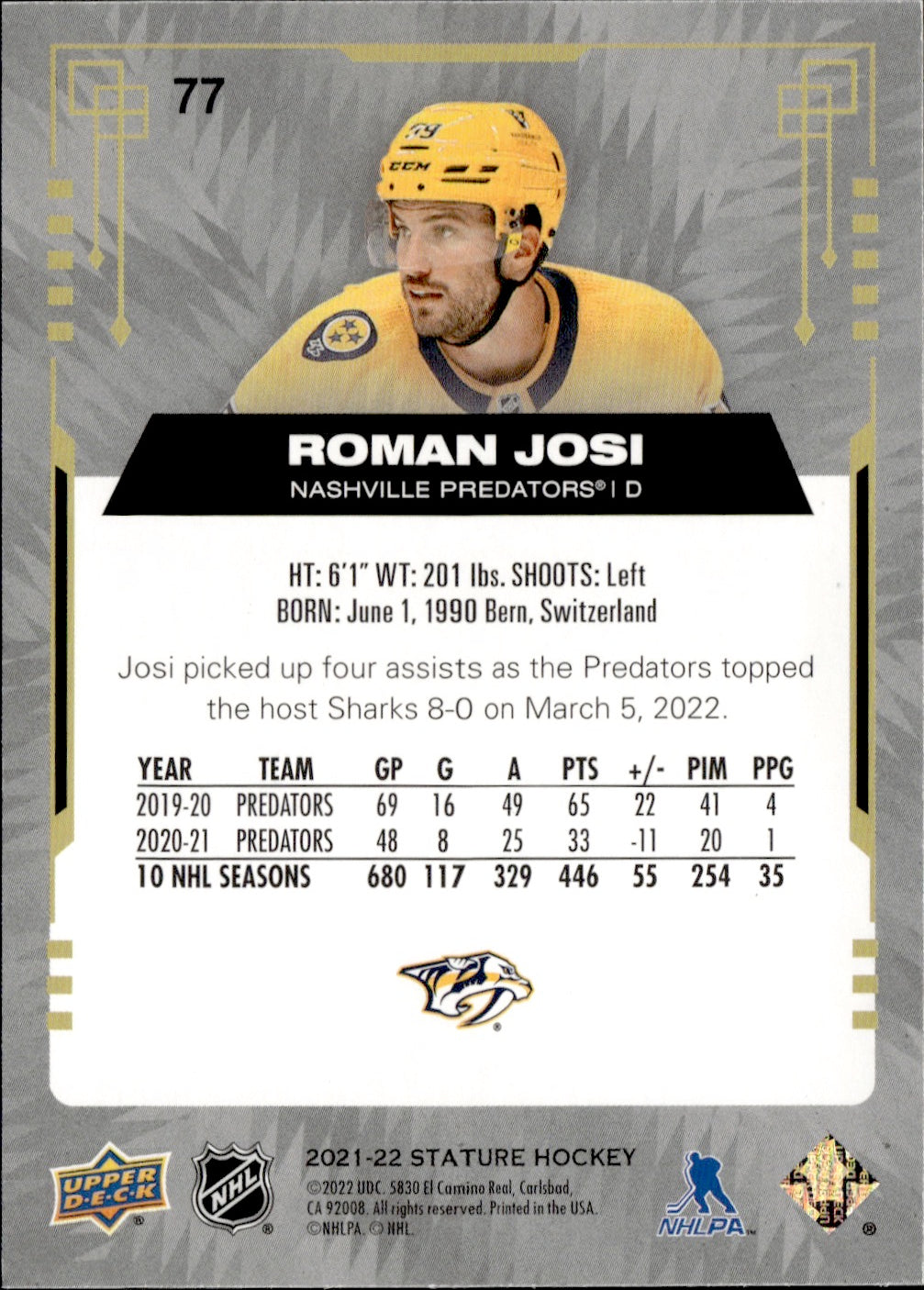 2021-22 Upper Deck Stature - Base - Green /149 #77 Roman Josi - Nashville Predators