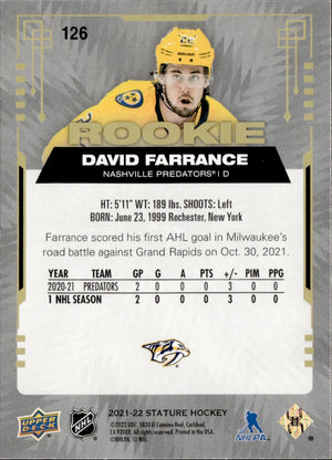 2021-22 Upper Deck Stature - Base - Rookie /399 #126 David Farrance - Nashville Predators