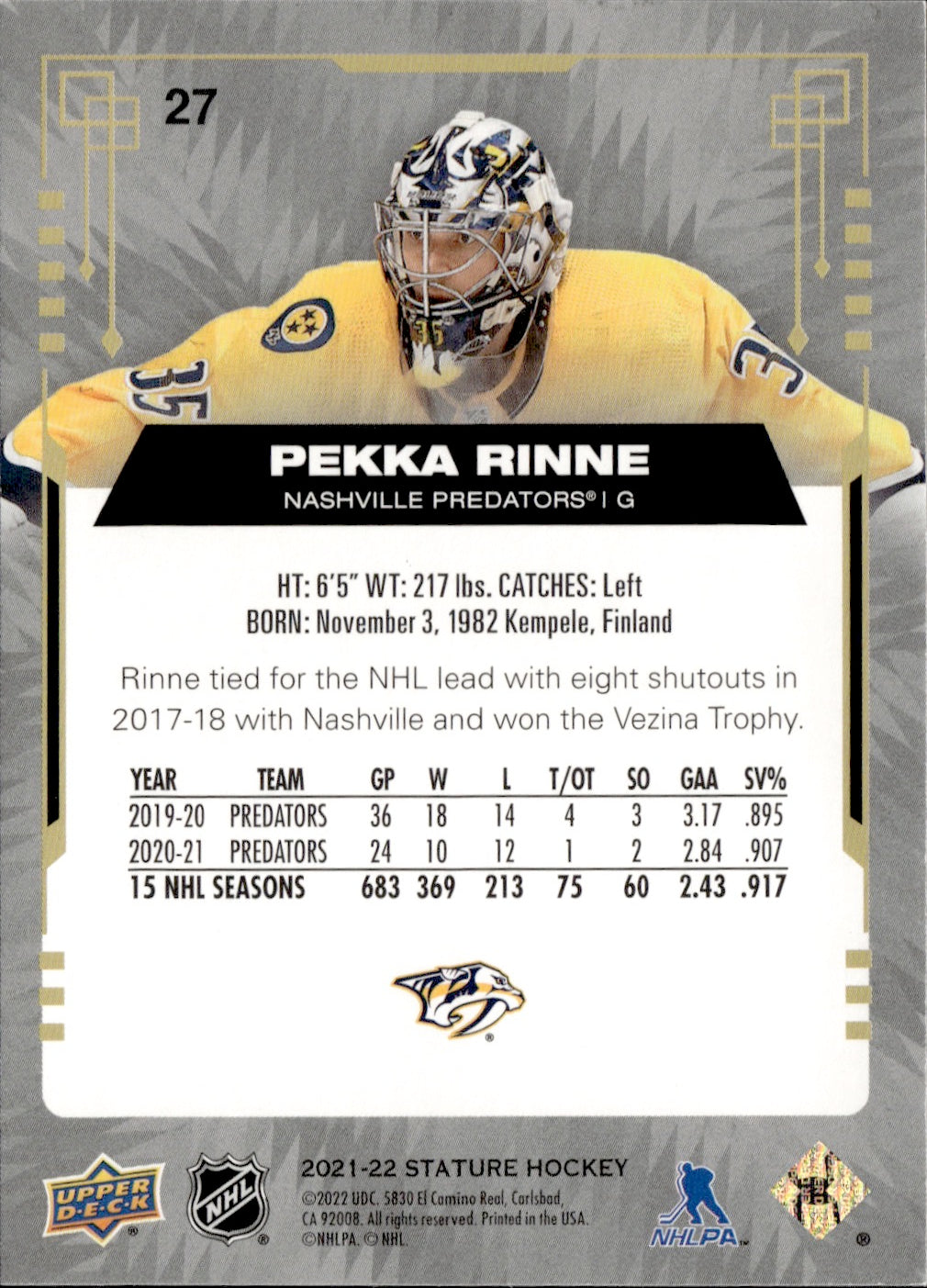 2021-22 Upper Deck Stature - Base #27 Pekka Rinne - Nashville Predators