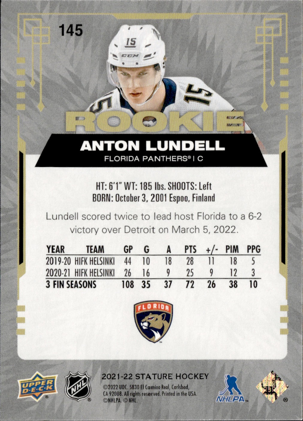 2021-22 Upper Deck Stature - Base /399 #145 Anton Lundell - Florida Panthers