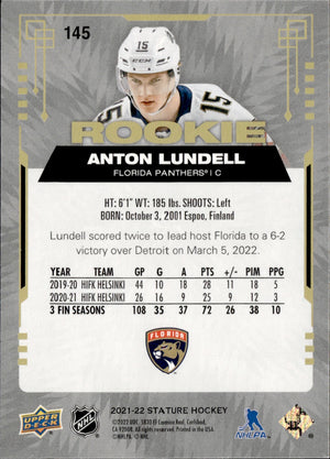 2021-22 Upper Deck Stature - Base /399 #145 Anton Lundell - Florida Panthers