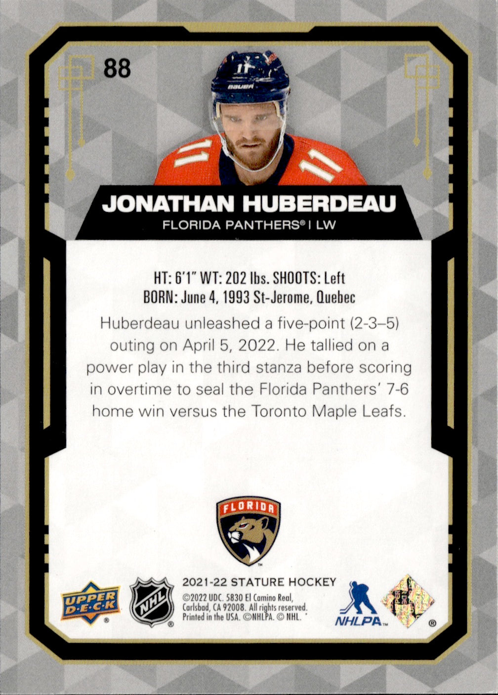 2021-22 Upper Deck Stature - Base /65 #88 Jonathan Huberdeau - Florida Panthers