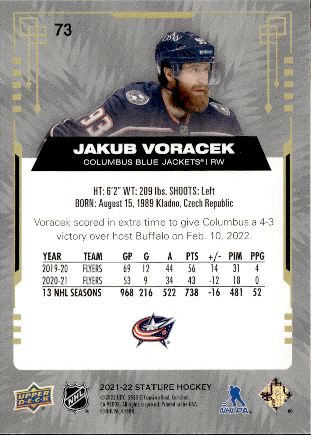 2021-22 Upper Deck Stature - Base #73 Jakub Voracek - Columbus Blue Jackets