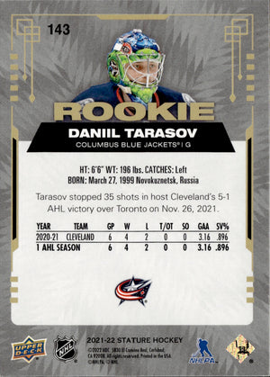 2021-22 Upper Deck Stature - Base /99 #143 Daniil Tarasov - Columbus Blue Jackets