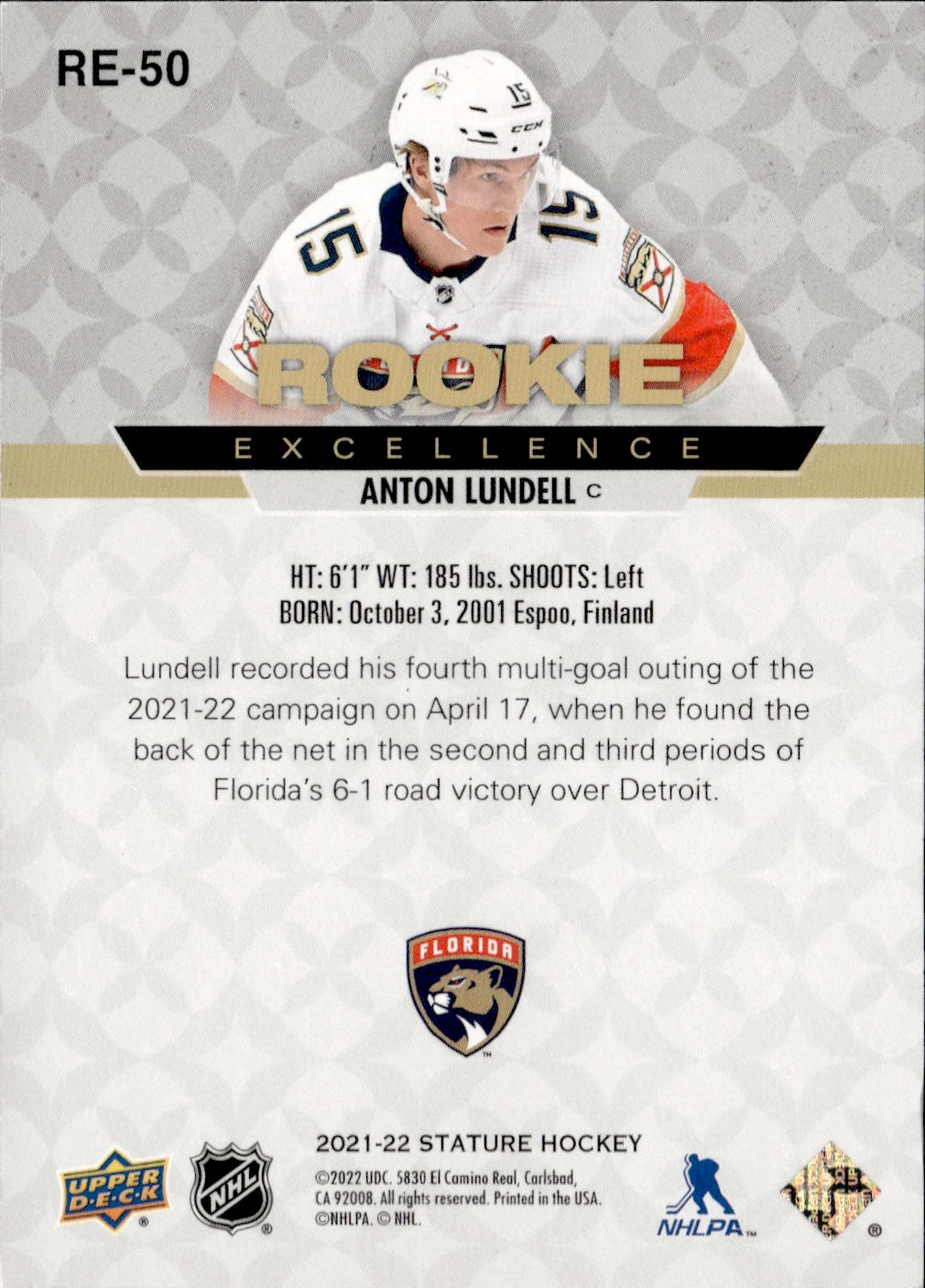 2021-22 Upper Deck Stature - Excellence - Rookie #RE-50 Anton Lundell - Florida Panthers