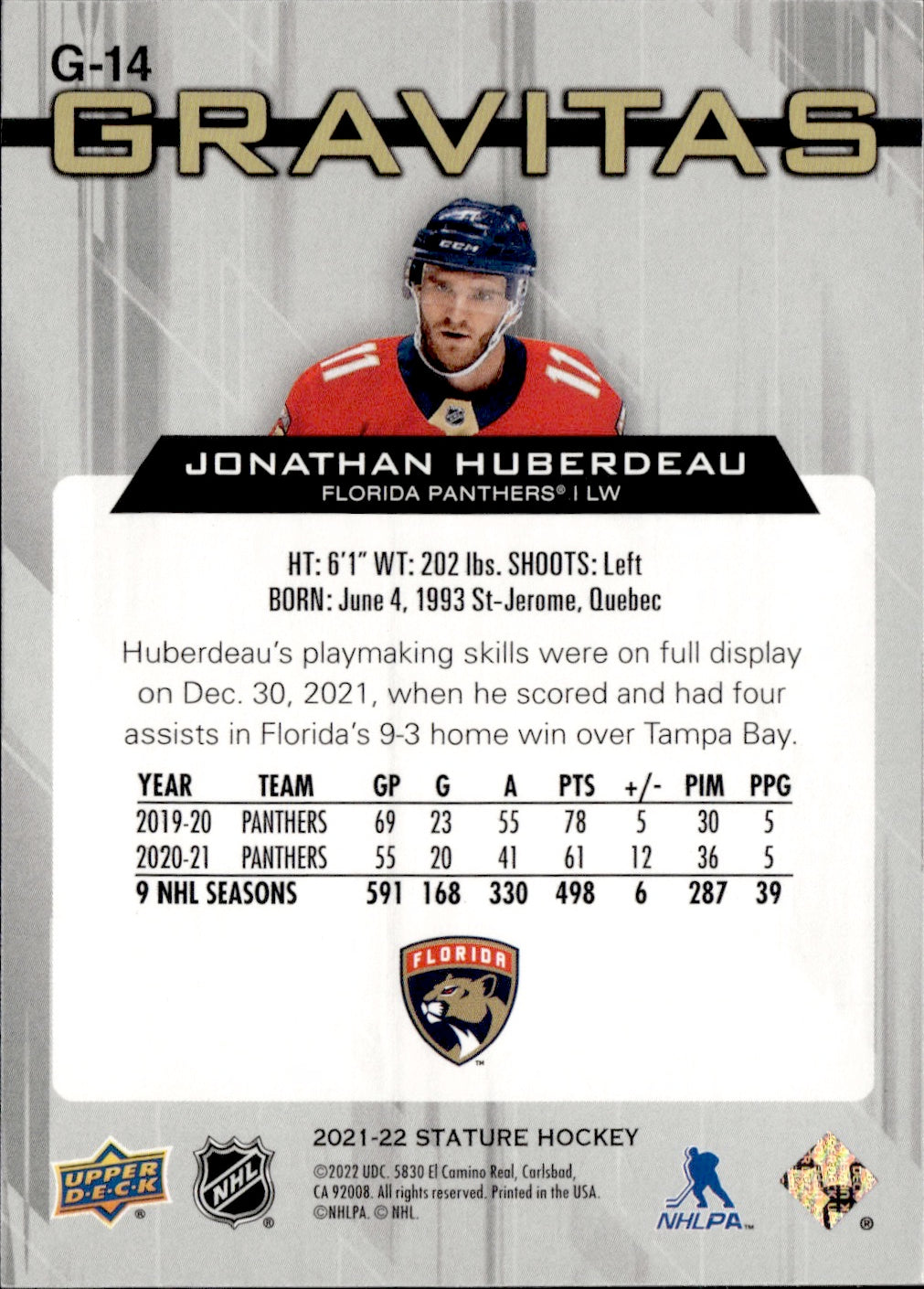 2021-22 Upper Deck Stature - Gravitas # G-14 Janathan Huberdeau - Florida Panthers