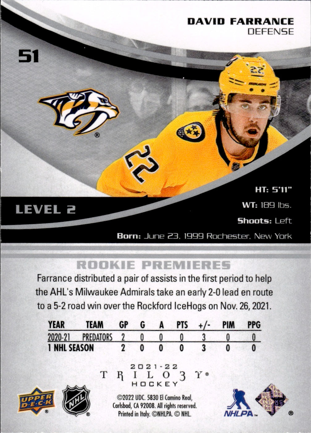 2021-22 Upper Deck Trilogy Hockey Rookie Premiers Level 2 /499 #51 David Farrance - Nashville Predators