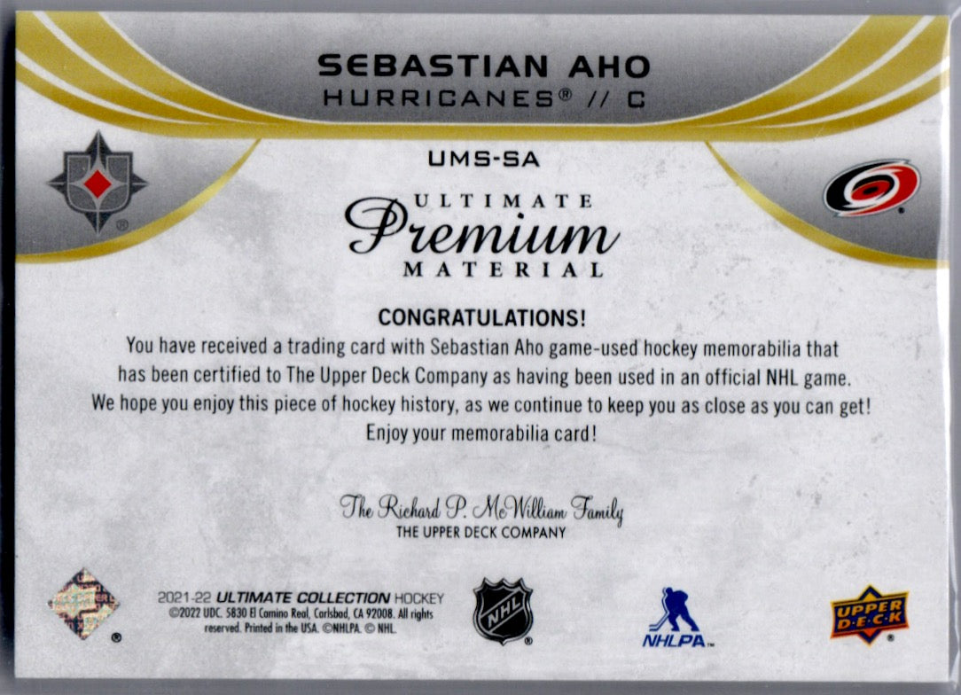 2021-22 Upper Deck Ultimate Collection Hockey - Ultimate Premium Materials #UMS-SA Sebastian Aho - Carolina Hurricanes