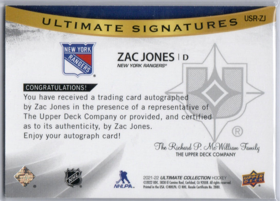 2021-22 Upper Deck Ultimate Collection Hockey - Ultimate Signatures - Rookie #USR-ZJ Jac Jones - New York Rangers