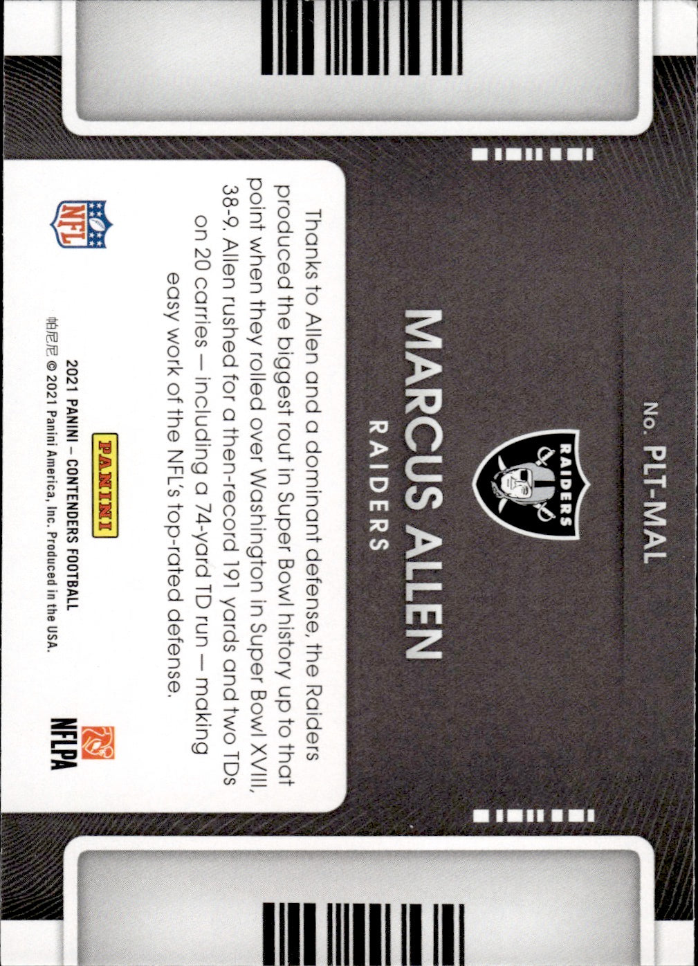 2021 Panini Contenders Football Playoff Ticket #PLT-MAL - Marcus Allen - Los Angeles Raiders