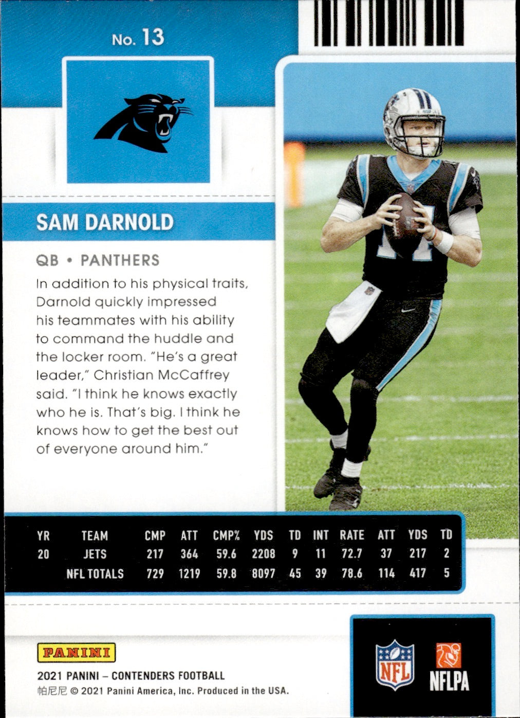 2021 Panini Contenders Football #13 Sam Darnold - Carolina Panthers