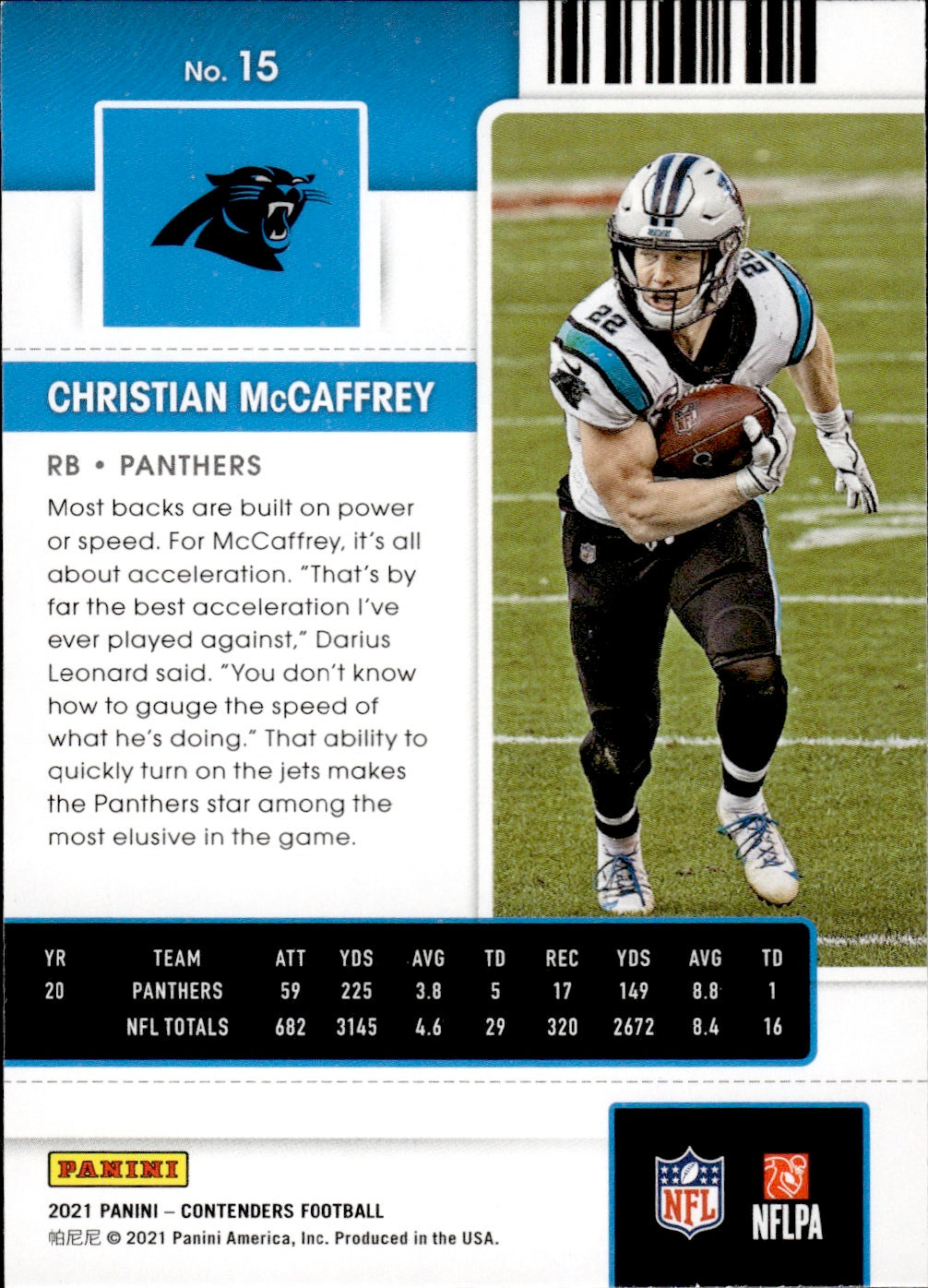 2021 Panini Contenders Football #15 Christian McCaffrey - Carolina Panthers