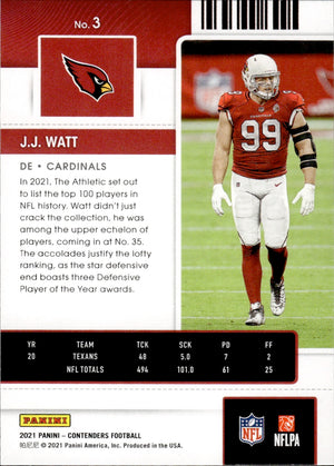 2021 Panini Contenders Football #3 J.J. Watt - Arizona Cardinals